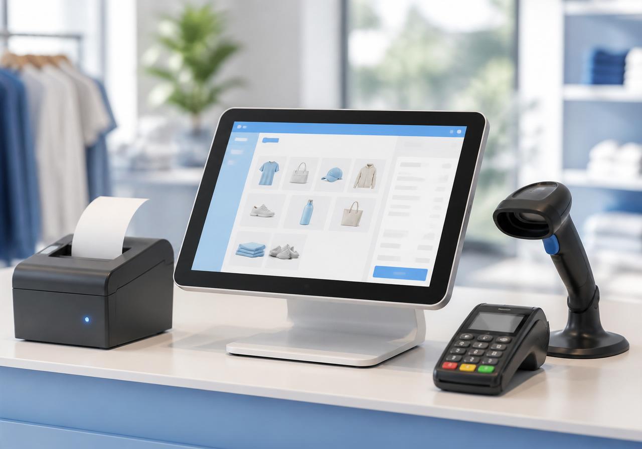 Smart POS da OKAVANGO em terminal de loja com leitor de código de barras, impressora térmica e terminal multicaixa